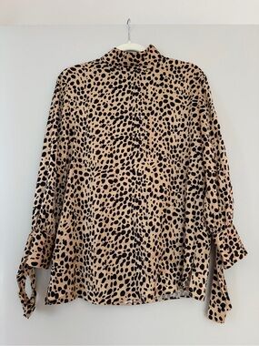 Hugo Boss Beige and Black Leopard Print High-Neck Button Down Blouse